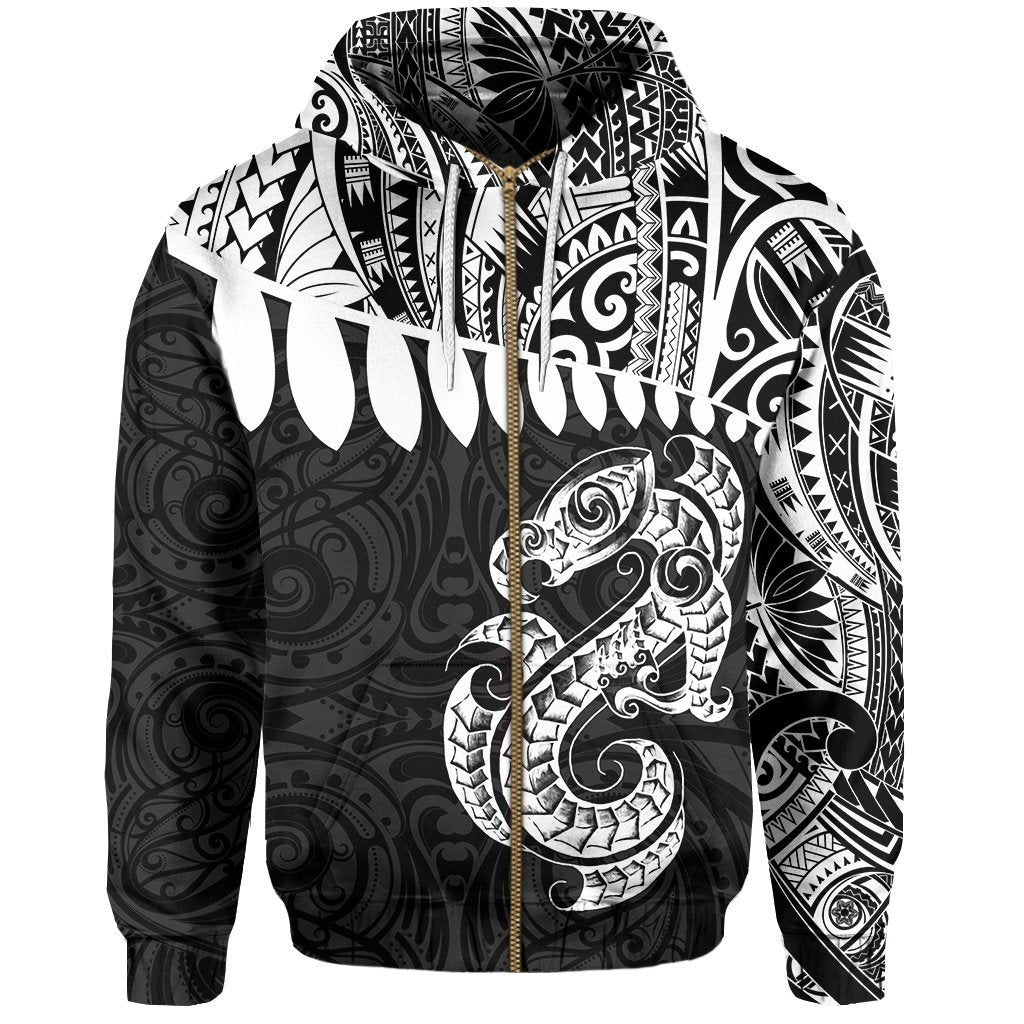 Aotearoa Zip up Hoodie, Maori Manaia Zipper Hoodie Unisex Black - Polynesian Pride