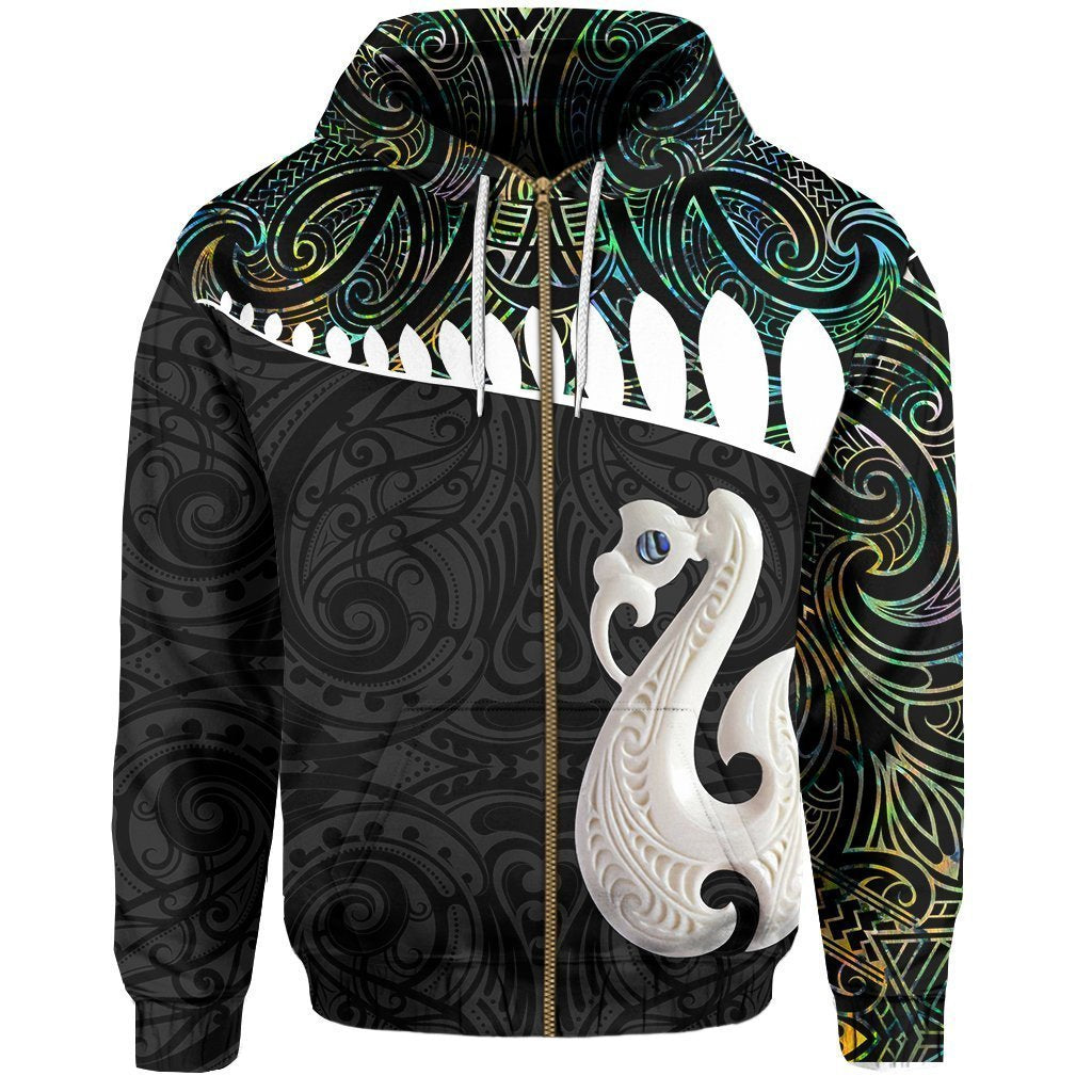 Aotearoa Zi up Hoodie Maori Manaia Paua Shell Zipper Hoodie Unisex Black - Polynesian Pride