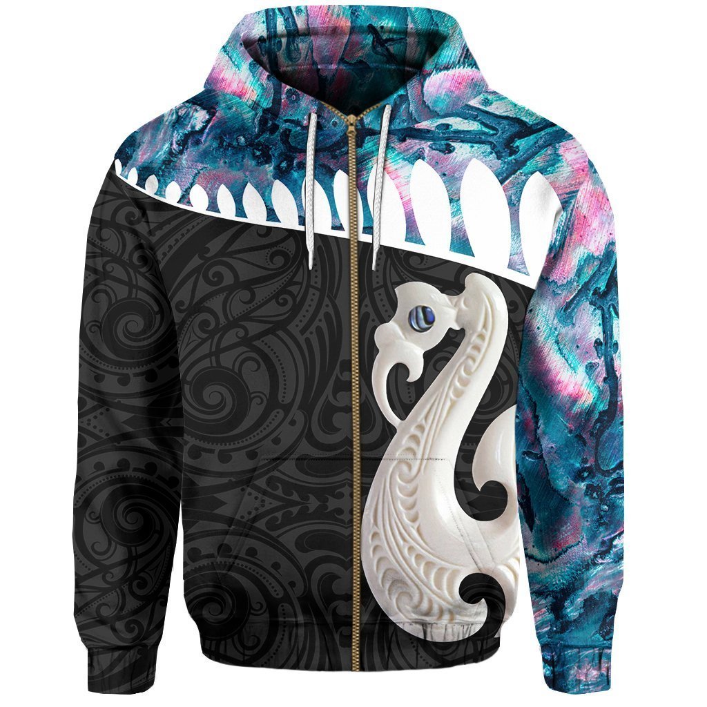 Aotearoa Zipper Hoodie Maori Manaia Paua Shell Zip up Hoodie Unisex Black - Polynesian Pride