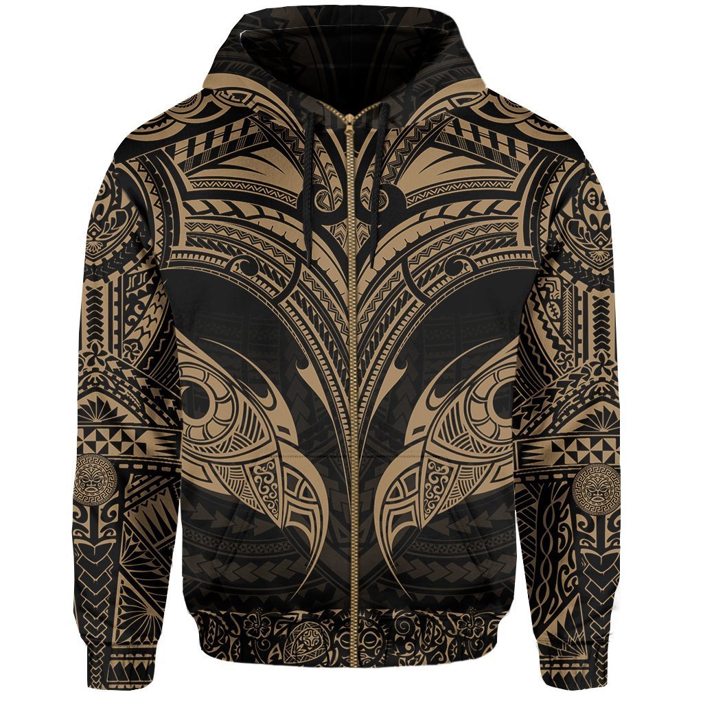 New Zealand Zipper Hoodie The Mana Maori All Over Zip up Hoodie (Gold) Unisex Black - Polynesian Pride