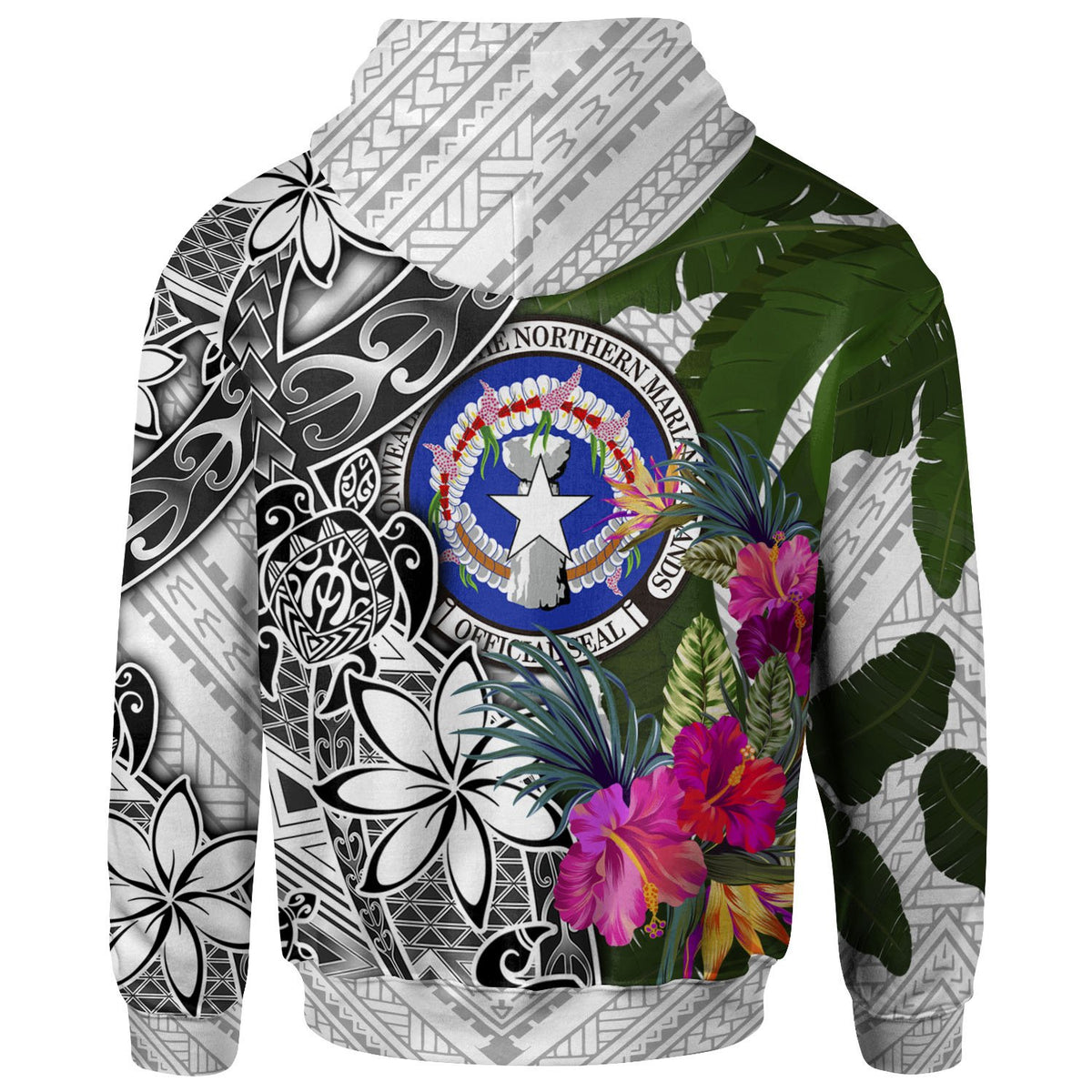 Northern Mariana Islands Zip up Hoodie White Turtle Plumeria Banana Leaf - Polynesian Pride