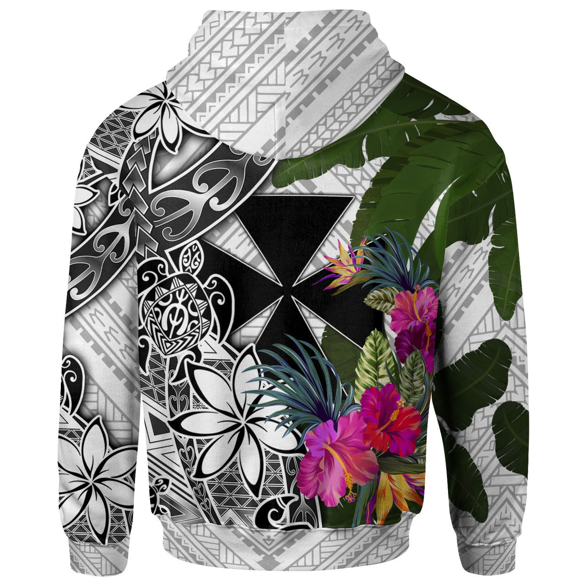 Wallis and Futuna Zip up Hoodie White Turtle Plumeria Banana Leaf - Polynesian Pride