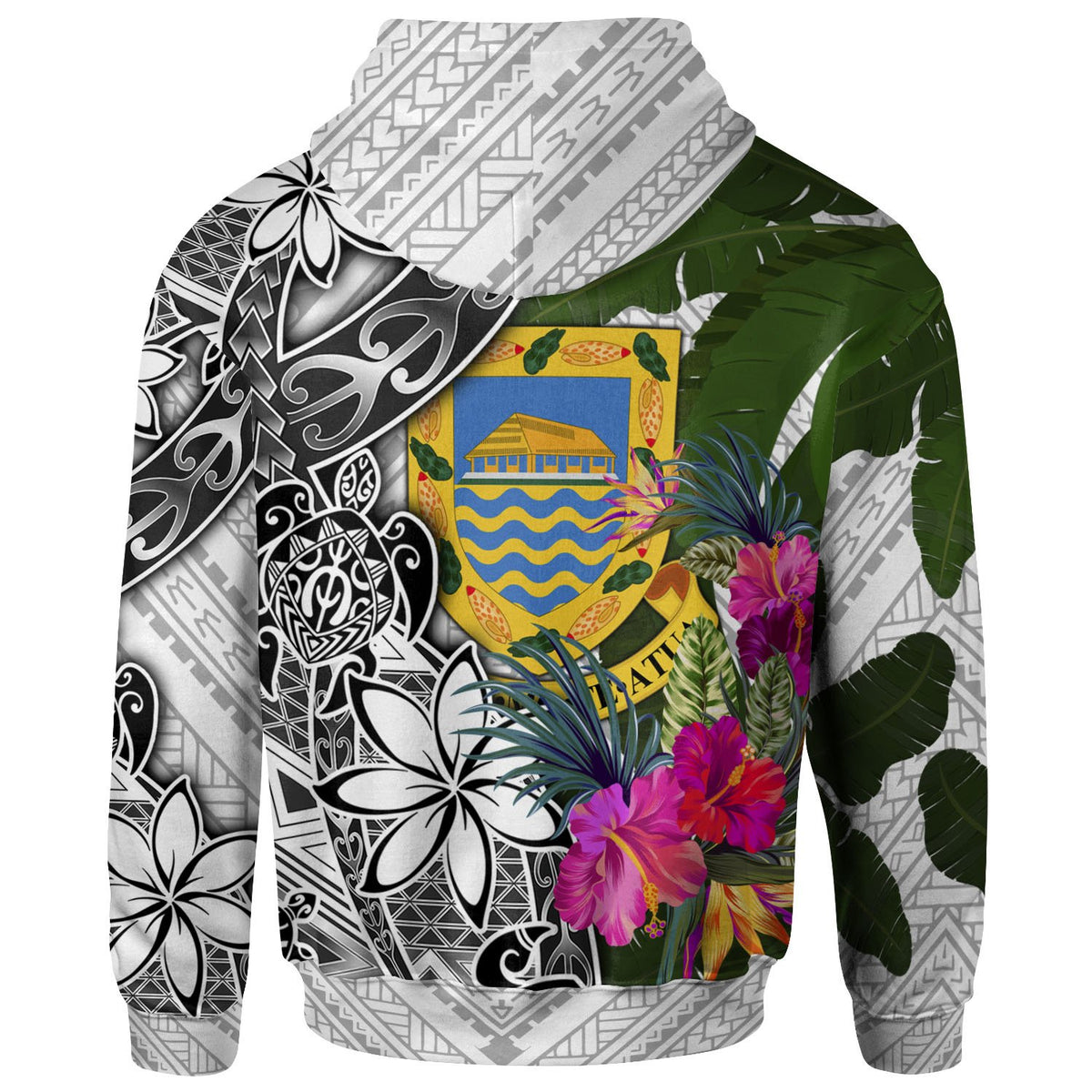 Tuvalu Zip up Hoodie White Turtle Plumeria Banana Leaf - Polynesian Pride