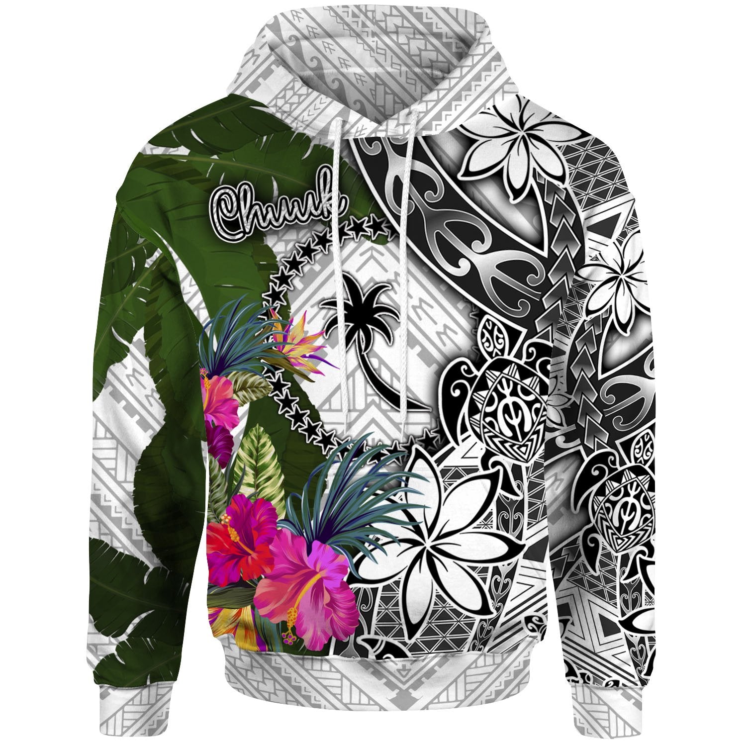 Chuuk Hoodie White Turtle Plumeria Banana Leaf Unisex White - Polynesian Pride