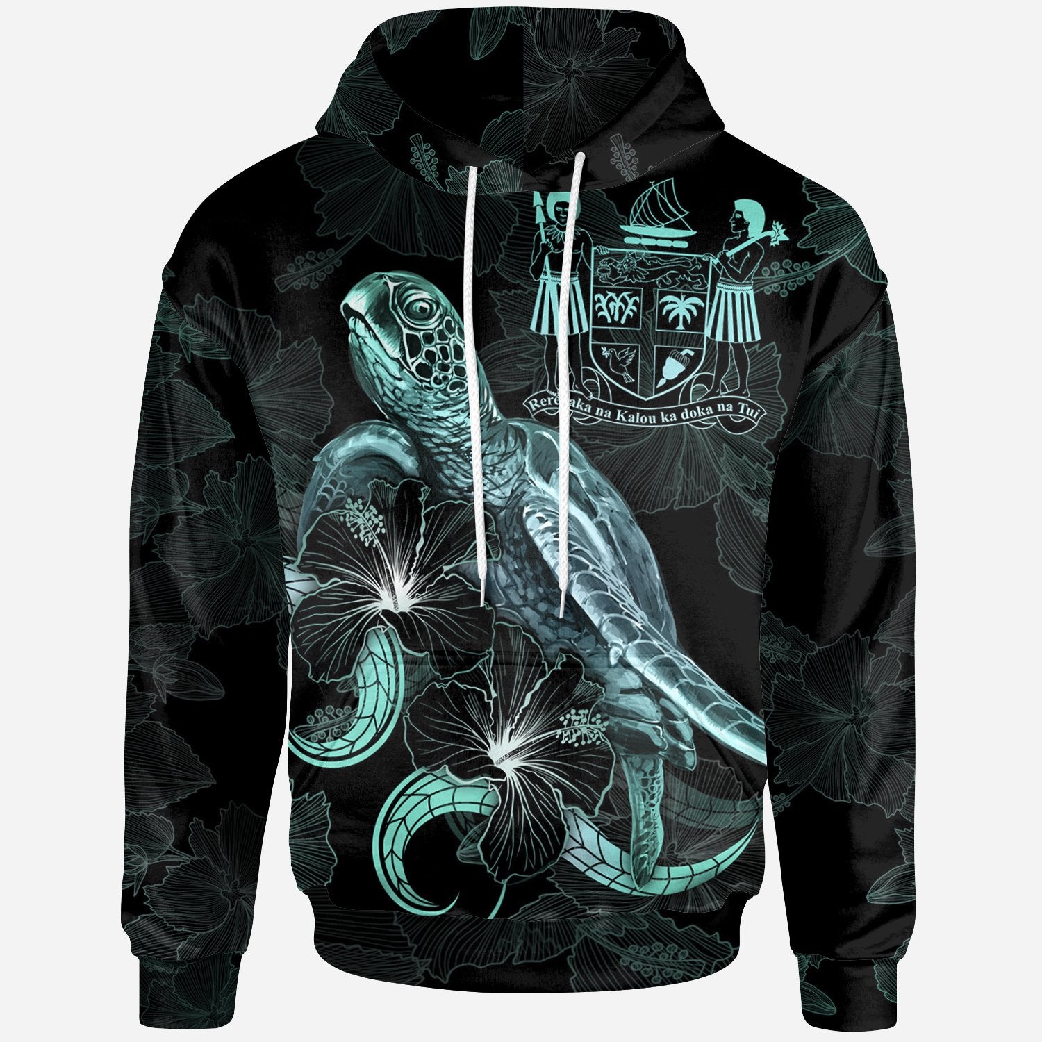 Fiji Polynesian Hoodie Turtle With Blooming Hibiscus Turquoise Unisex Turquoise - Polynesian Pride