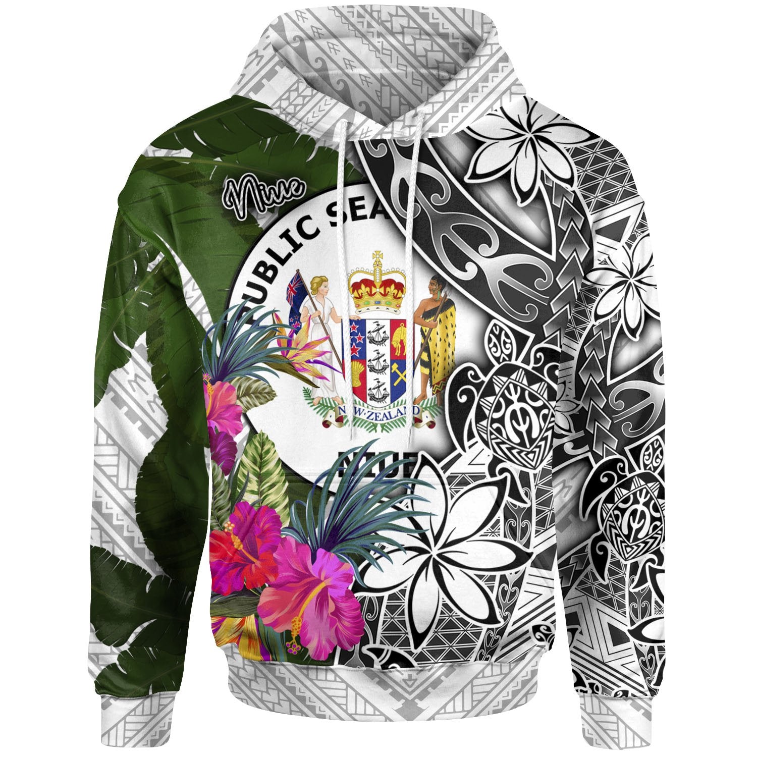 Niue Hoodie White Turtle Plumeria Banana Leaf Unisex White - Polynesian Pride