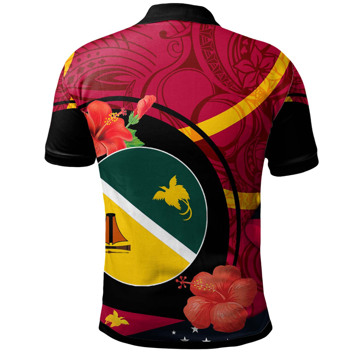 Papua New Guinea Polo Shirt Jiwaka Flag of PNG with Hibicus and Polynesian Culture Polo Shirt - Polynesian Pride