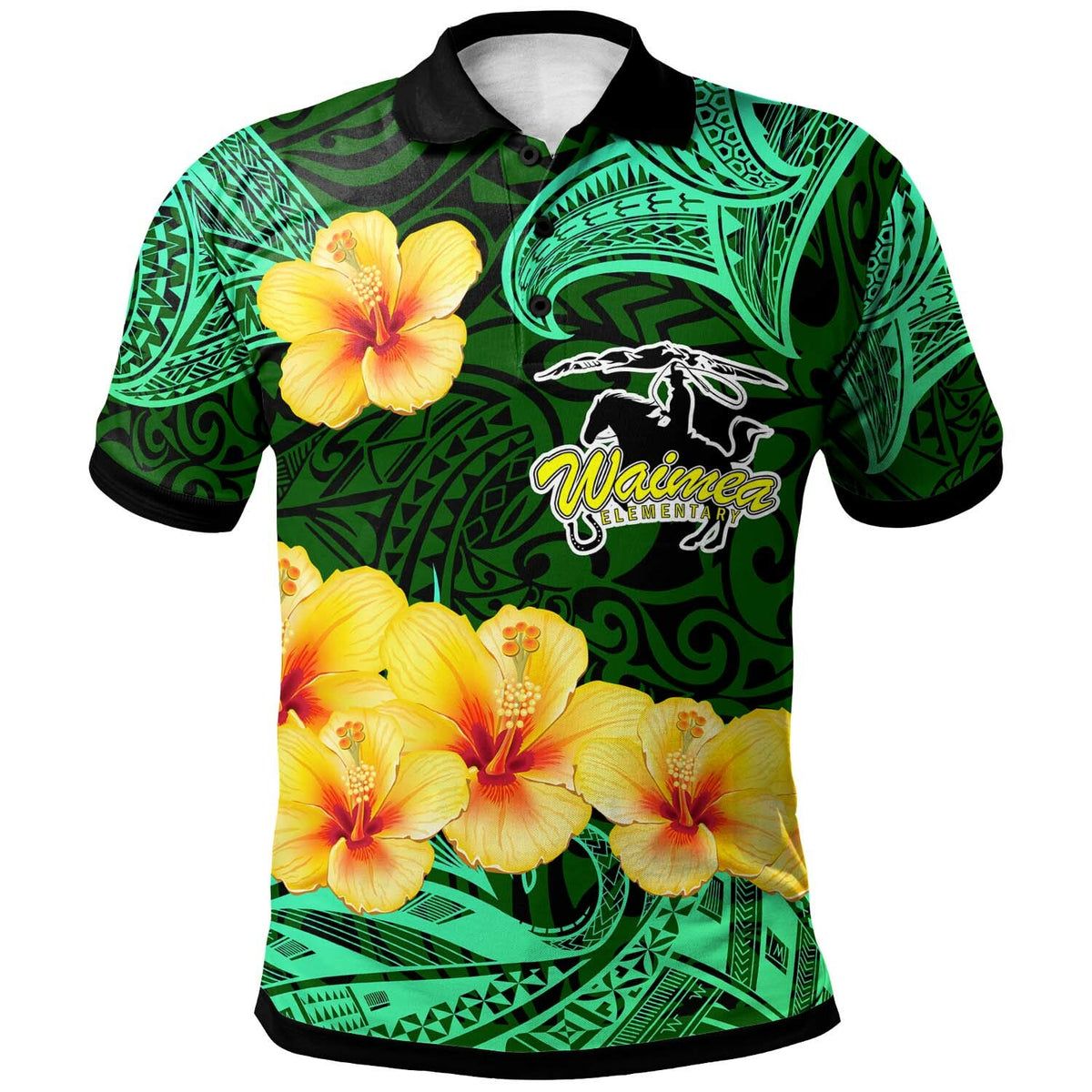 Hawaii Polynesian Polo Shirt Waimea Elementary School with Polynesian Patterns and Hibicus Flower LT10 Green - Polynesian Pride