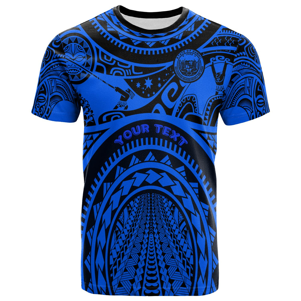 Custom Hawaii T Shirt Coat of Arm Hawaii & Polynesian Patterns Maui Tattoo Unisex Blue - Polynesian Pride