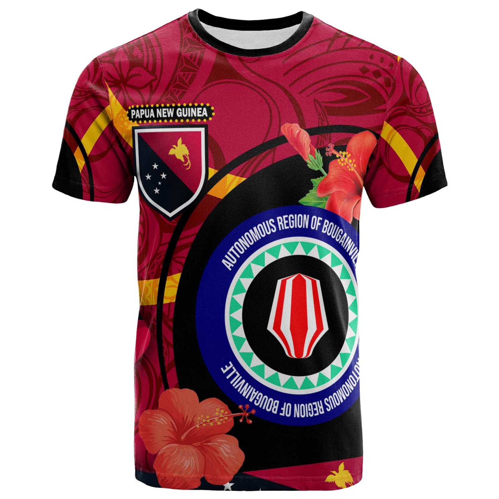 Papua New Guinea T Shirt Bougainville Flag of PNG with Hibicus and Polynesian Culture T Shirt Art - Polynesian Pride
