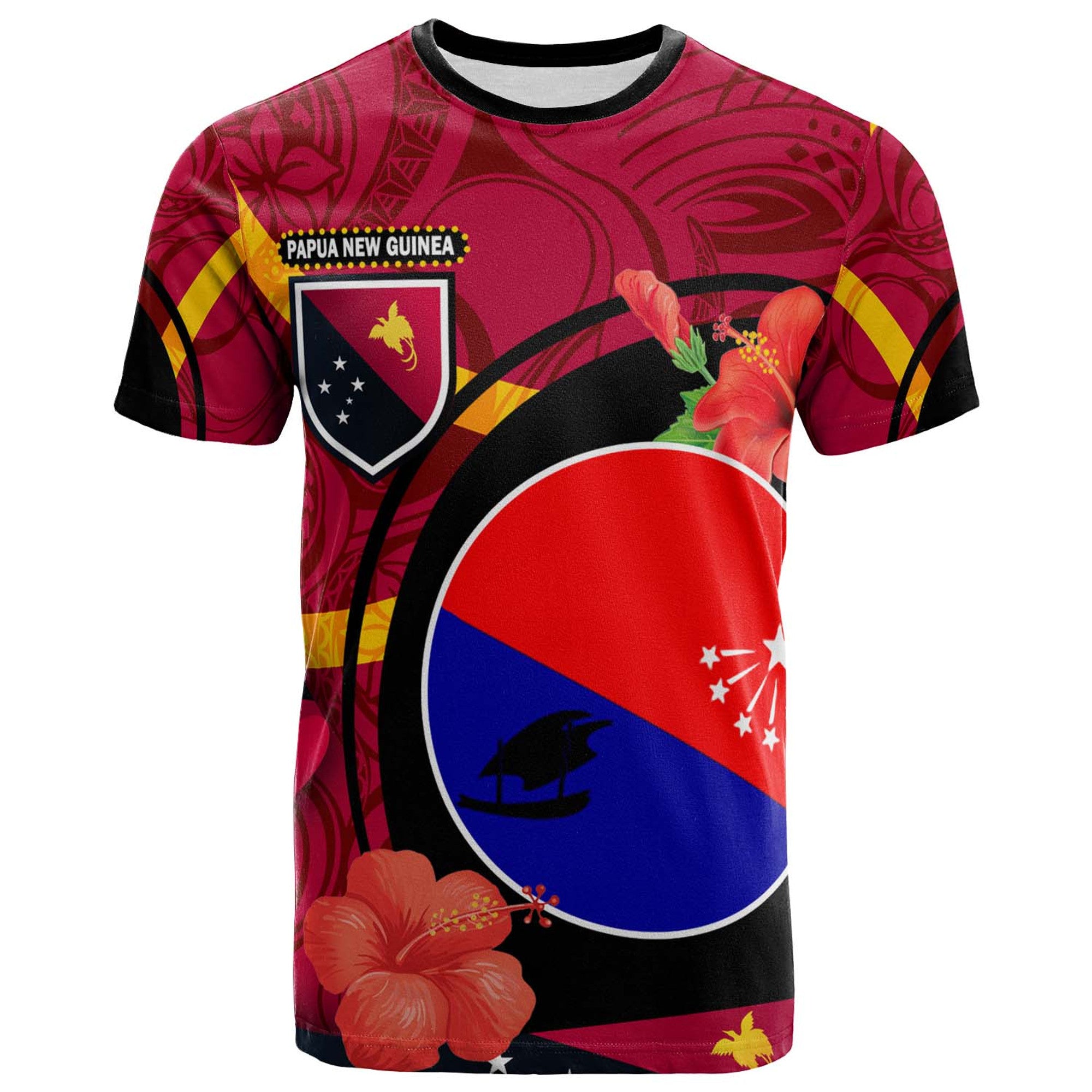 Papua New Guinea T Shirt Central Province Flag of PNG with Hibicus and Polynesian Culture T Shirt Art - Polynesian Pride