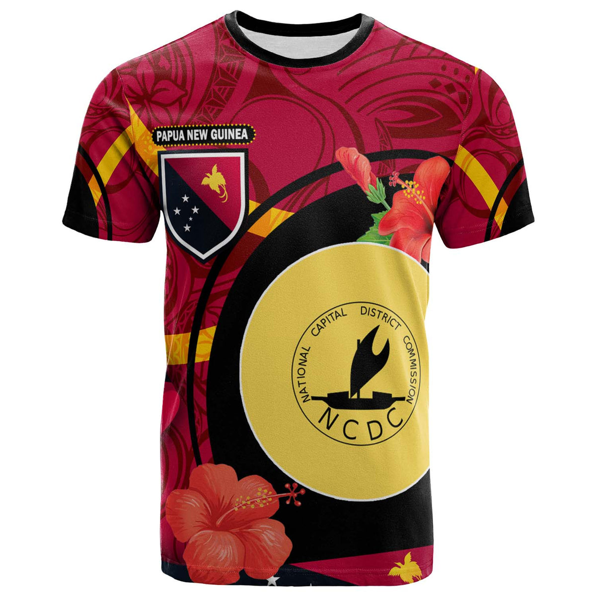 Papua New Guinea T Shirt National Capital District Flag of PNG with Hibicus and Polynesian Culture T Shirt Art - Polynesian Pride