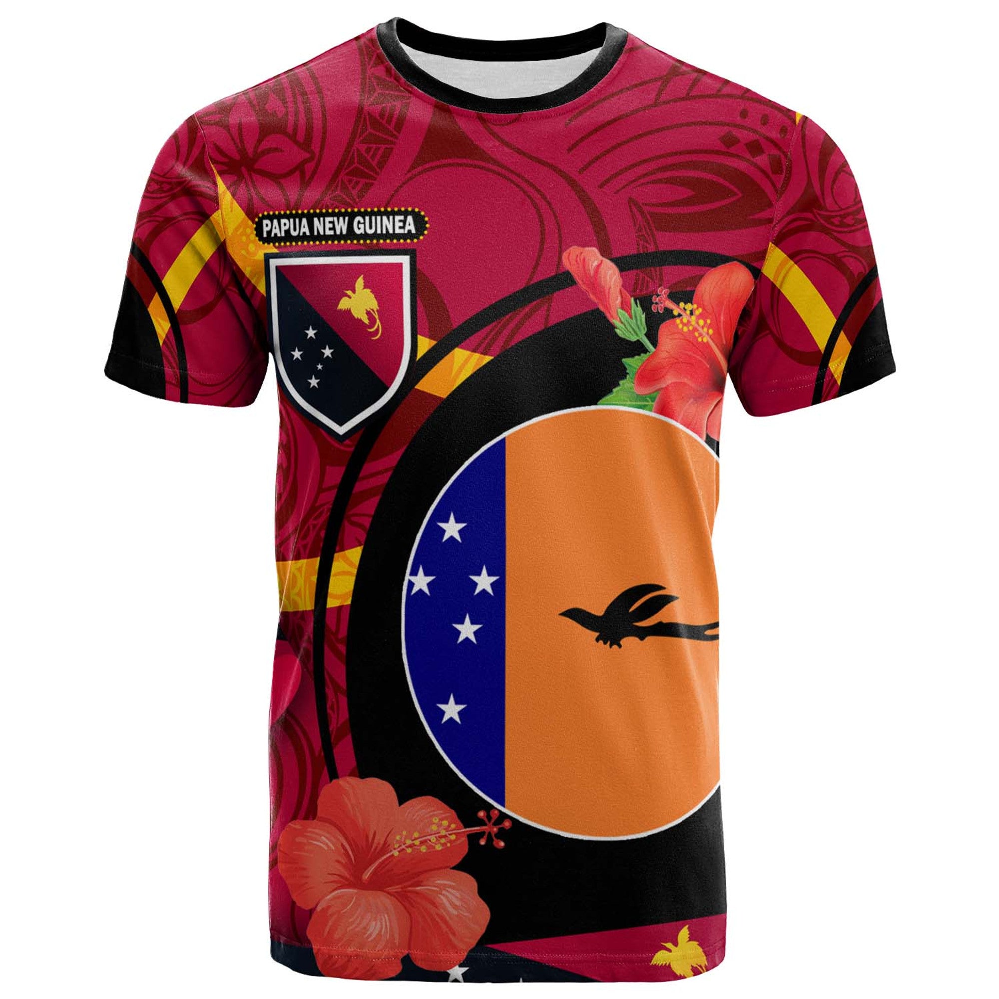 Papua New Guinea T Shirt New Ireland Flag of PNG with Hibicus and Polynesian Culture T Shirt Art - Polynesian Pride