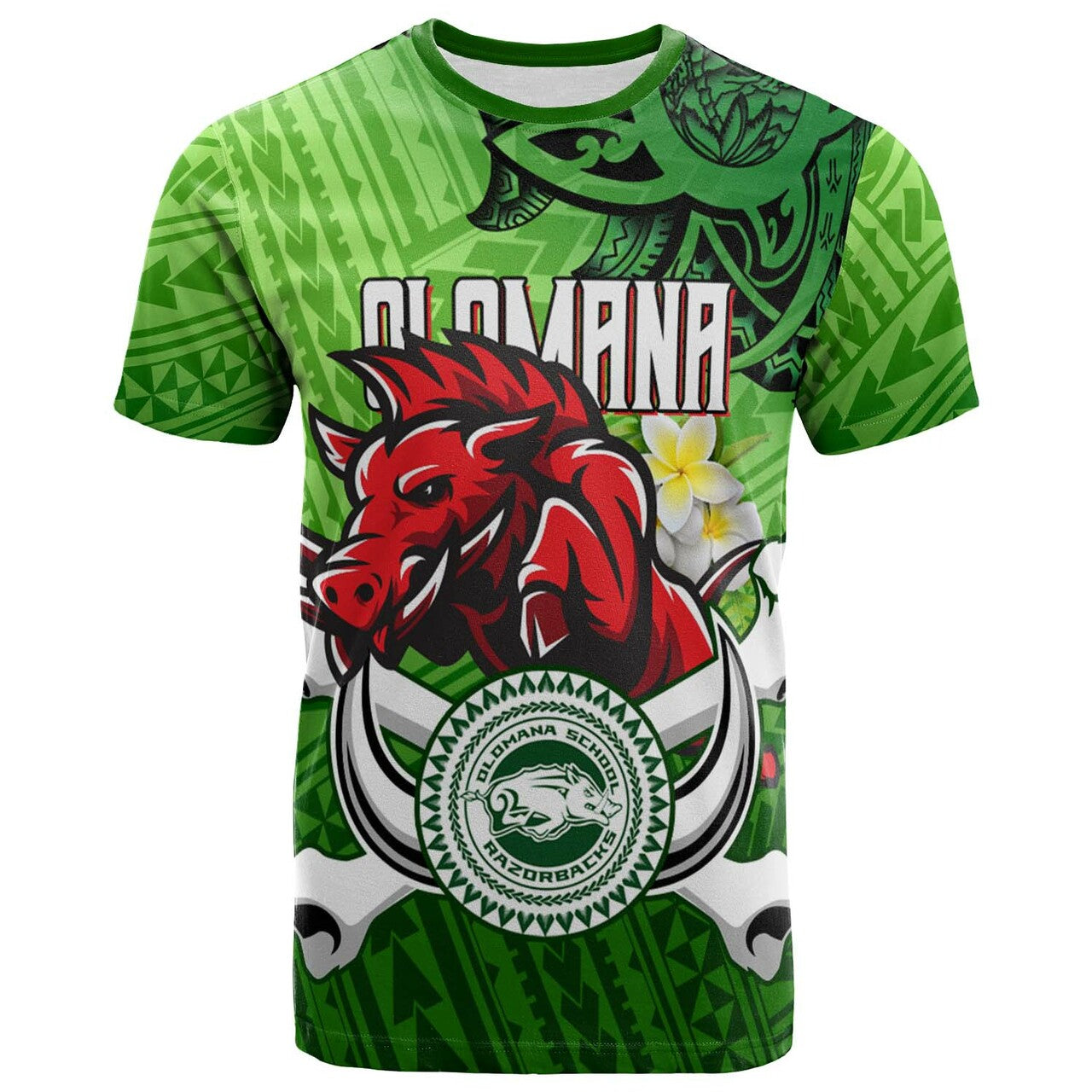 Hawaii Custom T Shirt Olomana High & Intermediate School Polynesian Boar and Plumeria LT10 Green - Polynesian Pride