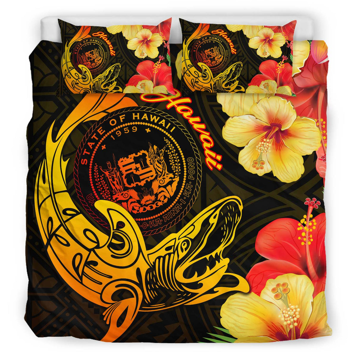 Hawaii Polynesian Bedding Set - Hawaii Sharks Tribal Patterns Orange - Polynesian Pride