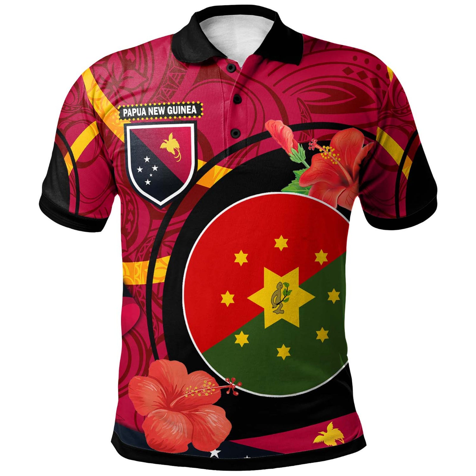 Papua New Guinea Polo Shirt Eastern Highlands Flag of PNG with Hibicus and Polynesian Culture Polo Shirt Art - Polynesian Pride