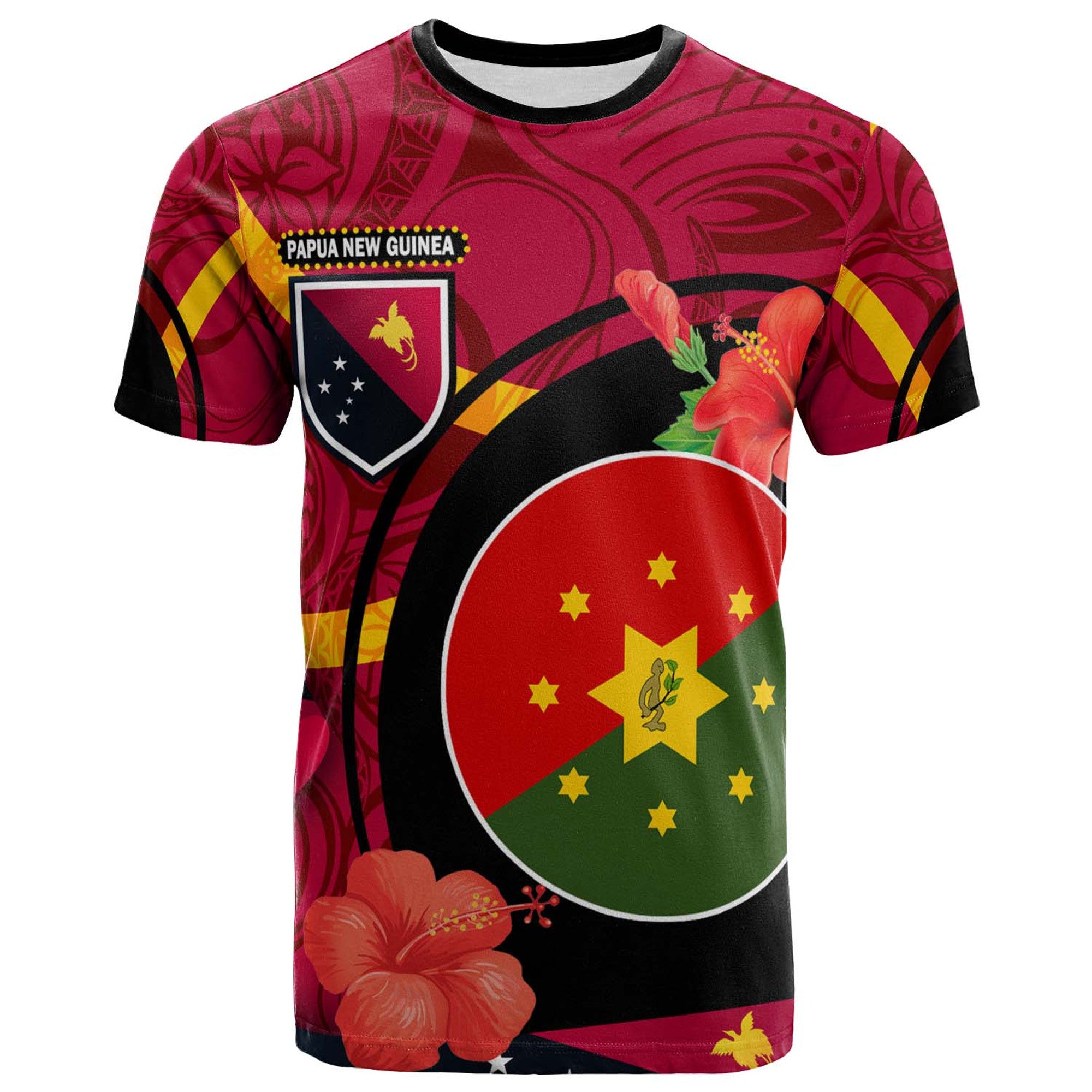 Papua New Guinea T Shirt Eastern Highlands Flag of PNG with Hibicus and Polynesian Culture T Shirt Art - Polynesian Pride