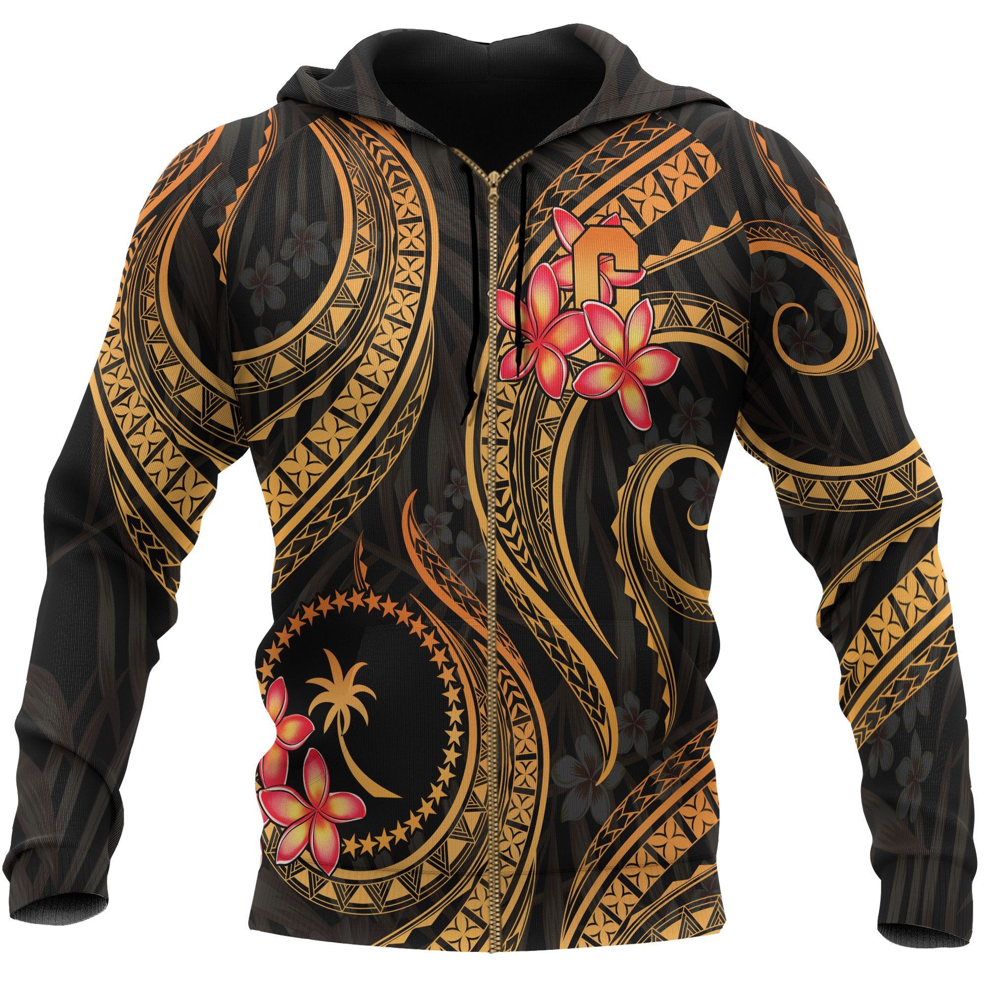 Chuuk Micronesian Zip up Hoodie Gold Plumeria Unisex GOLD - Polynesian Pride