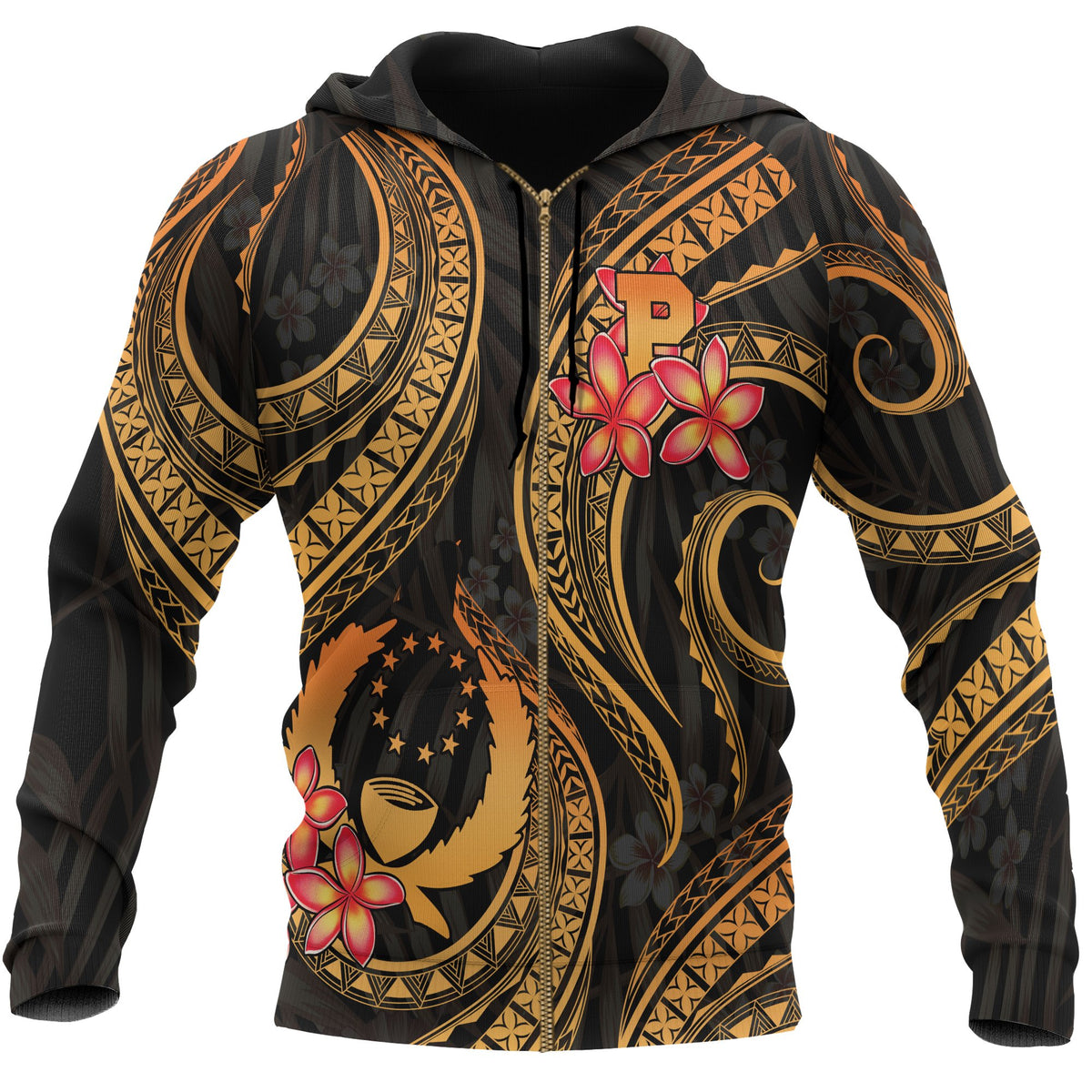 Pohnpei Micronesian Zip up Hoodie Gold Plumeria Unisex GOLD - Polynesian Pride