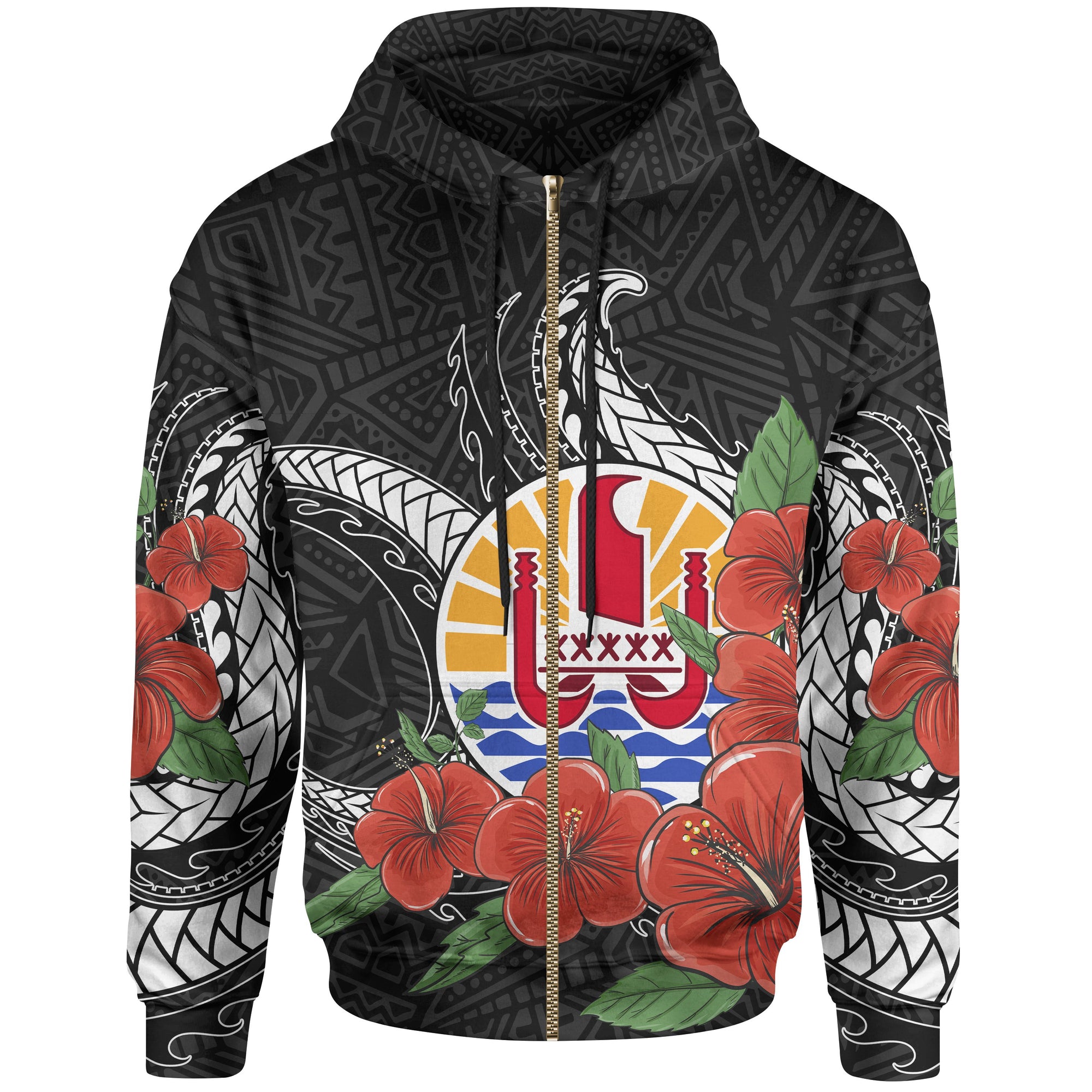 Tahiti Polynesian Zip up Hoodie Hibiscus Coat of Arm Black Unisex BLACK - Polynesian Pride
