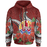 Tahiti Polynesian Zip up Hoodie Hibiscus Coat of Arm Red Unisex RED - Polynesian Pride