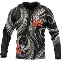 Pohnpei Micronesian Zip up Hoodie Black Plumeria Unisex BLACK - Polynesian Pride