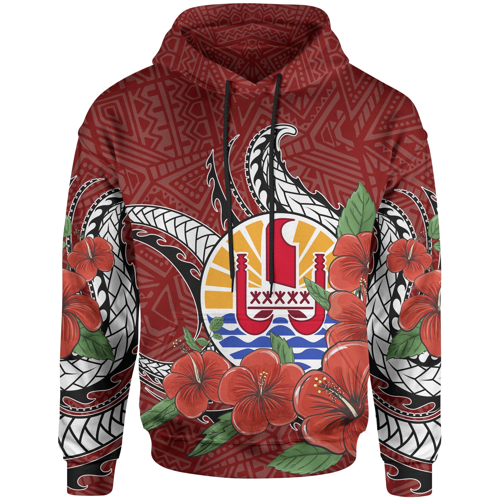Tahiti Polynesian Hoodie Hibiscus Coat of rm Red Unisex RED - Polynesian Pride