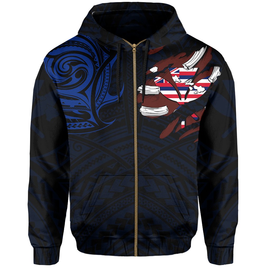 Hawaiian Kanaka Hoodie (Zipper) Heart Tattoo Blue - Polynesian Pride
