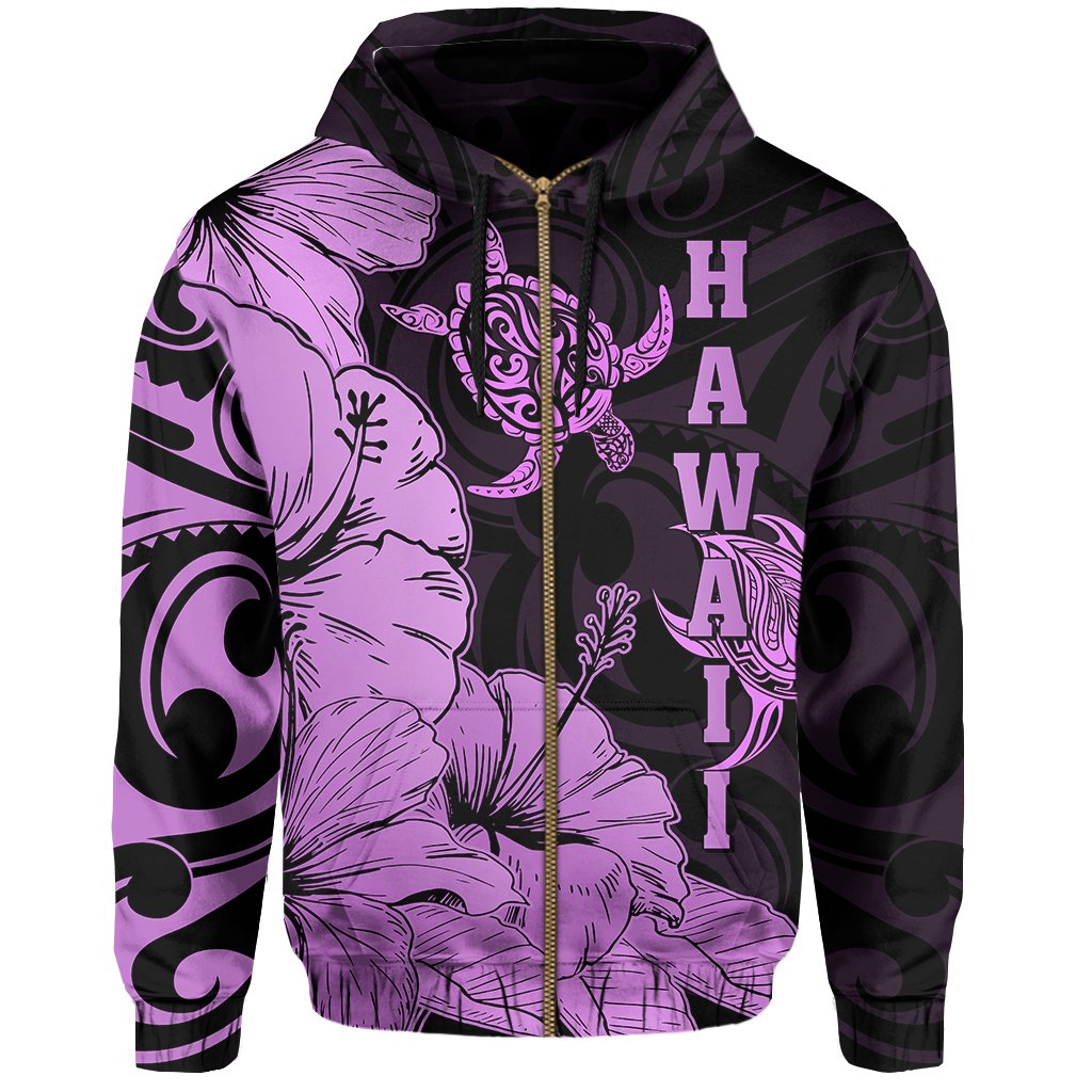 Hawaii Turtle Hoodie (Zipper) Polynesian Hibiscus Art Ver 2.0 Pink - Polynesian Pride