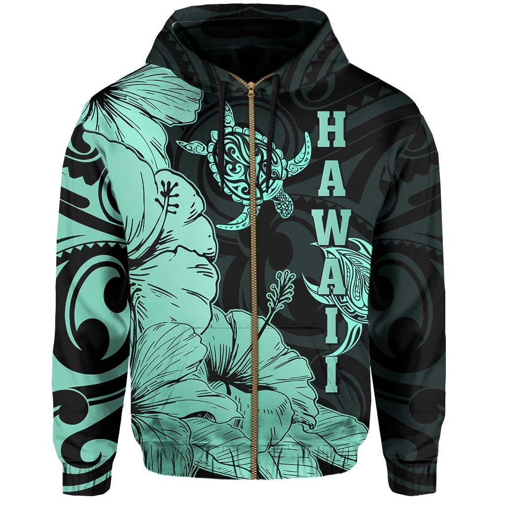 Hawaii Turtle Hoodie (Zipper) Polynesian Hibiscus Art Ver 2.0 Turquoise - Polynesian Pride