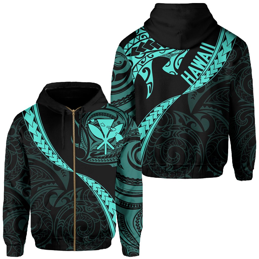 Hawaiian Kanaka Hoodie (Zipper) Mano Kihikihi Turquoise Unisex Turquoise - Polynesian Pride
