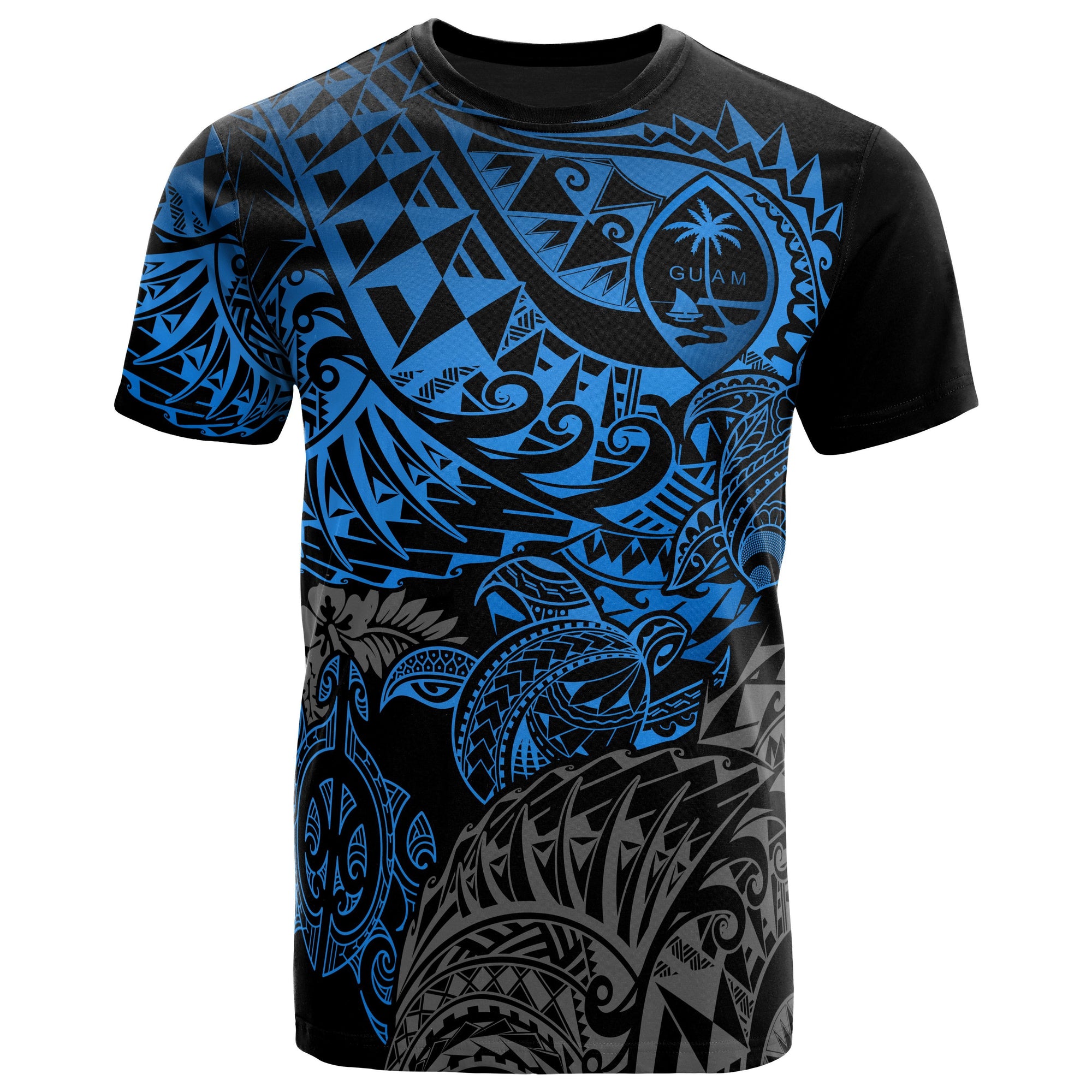 Guam Polynesian T Shirt Guam Coat of Arms Blue Turtle Flowing Unisex Blue - Polynesian Pride