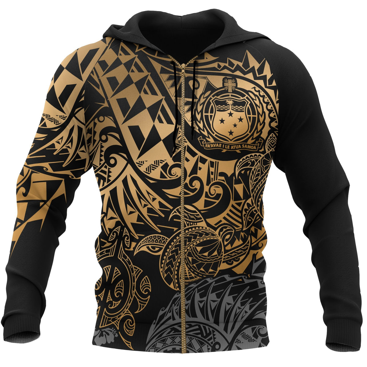 Samoa Polynesian Zip up Hoodie Gold Turtle Flowing Unisex Gold - Polynesian Pride