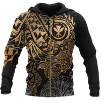 Polynesian Hawaii (Kanaka Maoli) Zip up Hoodie Gold Turtle Hibiscus Flowing Unisex GOLD - Polynesian Pride