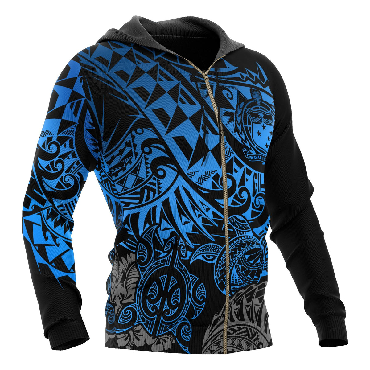 Samoa Polynesian Zip up Hoodie Blue Turtle Flowing - Polynesian Pride