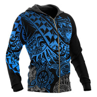Samoa Polynesian Zip up Hoodie Blue Turtle Flowing - Polynesian Pride
