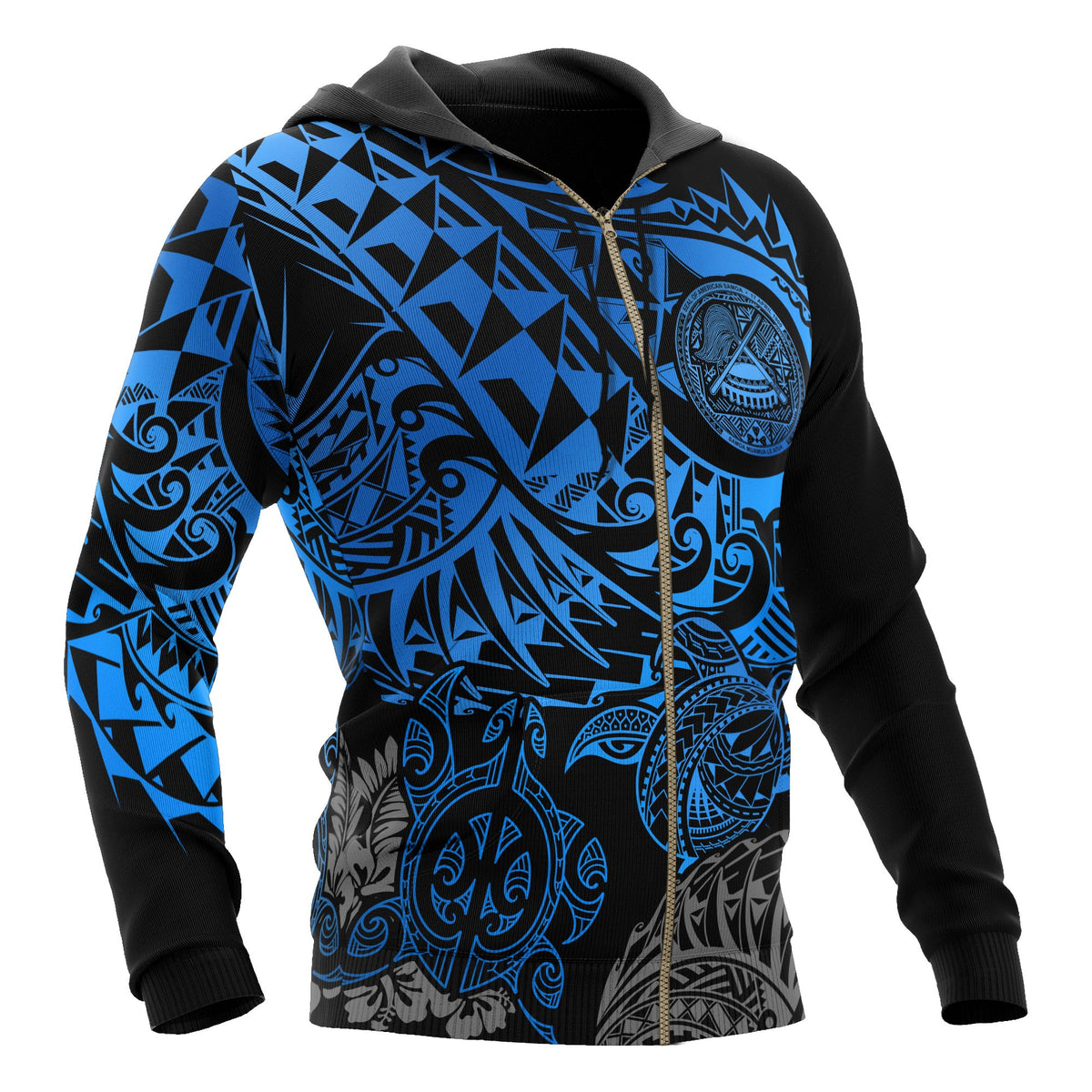 American Samoa Polynesian Zip up Hoodie Blue Turtle Hibiscus Flowing - Polynesian Pride