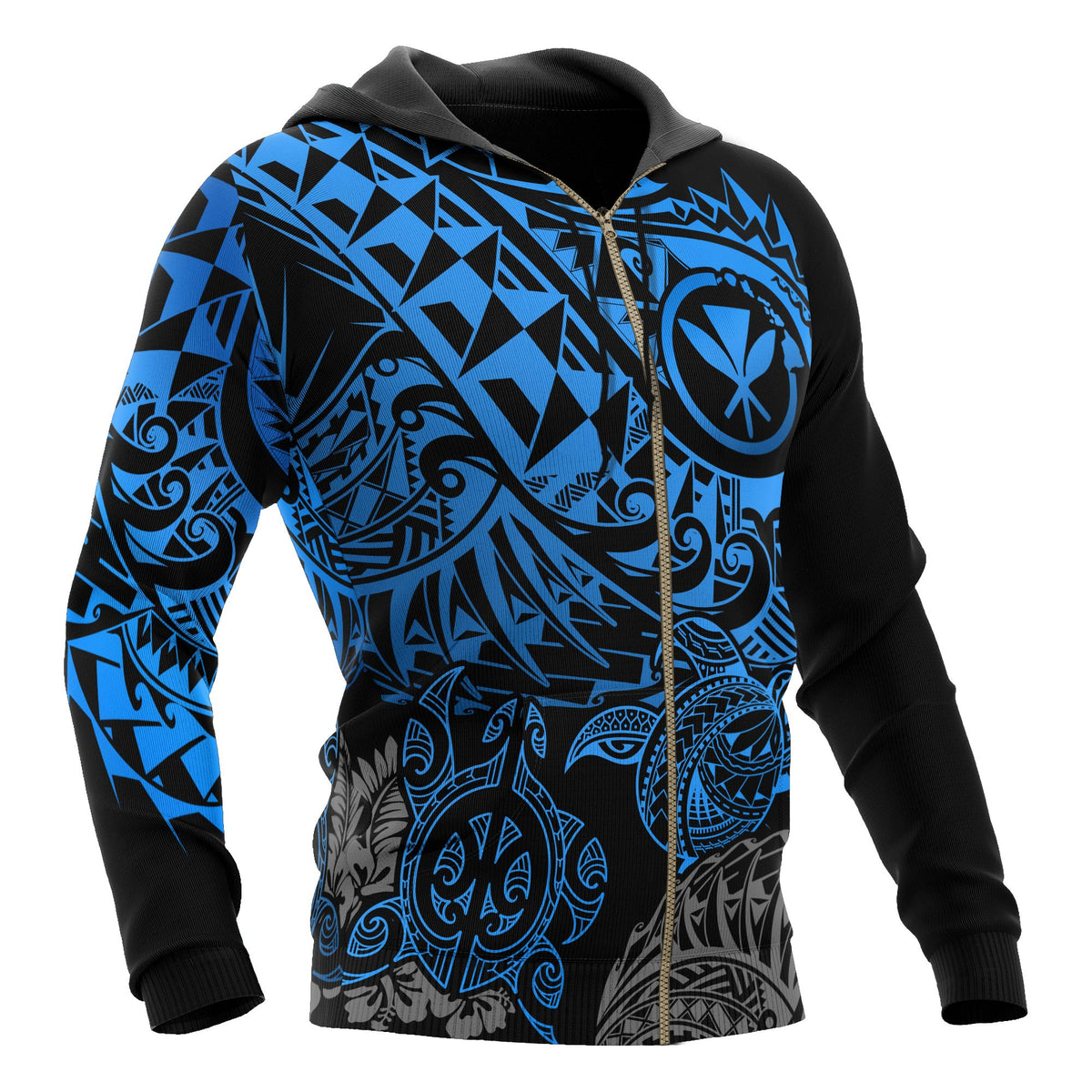 Polynesian Hawaii (Kanaka Maoli) Zip up Hoodie Blue Turtle Hibiscus Flowing - Polynesian Pride