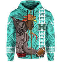 Polynesian Warrior Helmet Football Kanaka Kakau Hawaii Zip Hoodie Turquoise - Polynesian Pride
