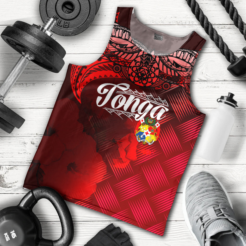 Tonga Polynesian Men Tank Top - Tonga Coat Of Arms With Lauhala Tribal Pattern Red - Polynesian Pride
