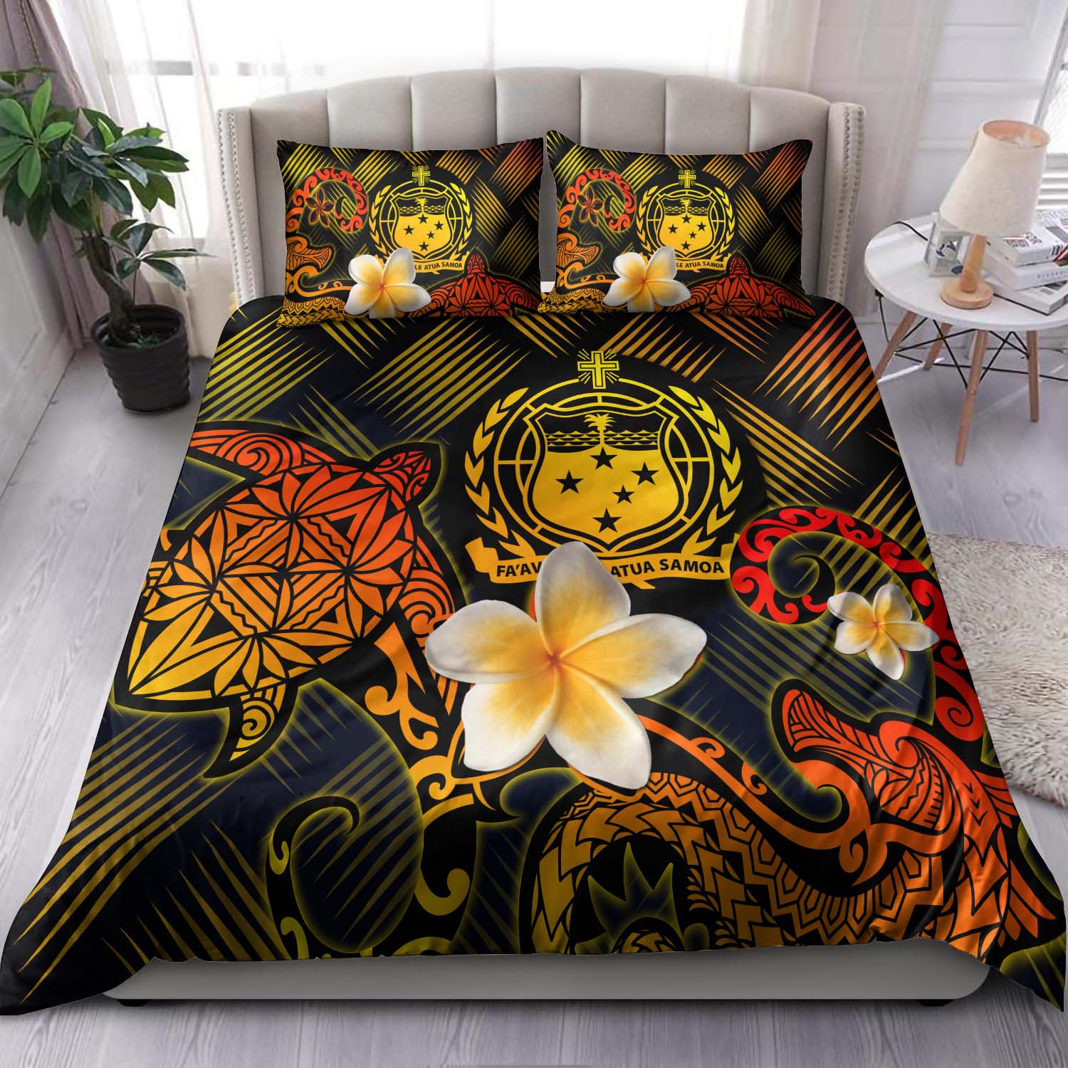 Samoa Polynesian Bedding Set - Lauhala Turtle Plumeria Tropical Black - Polynesian Pride