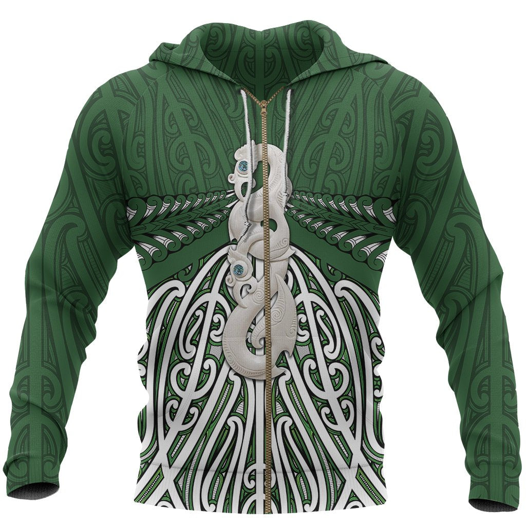 Maori Moko Tattoo Zip Hoodie, Manaia Pounamu Full Zip Hoodie Unisex Black - Polynesian Pride