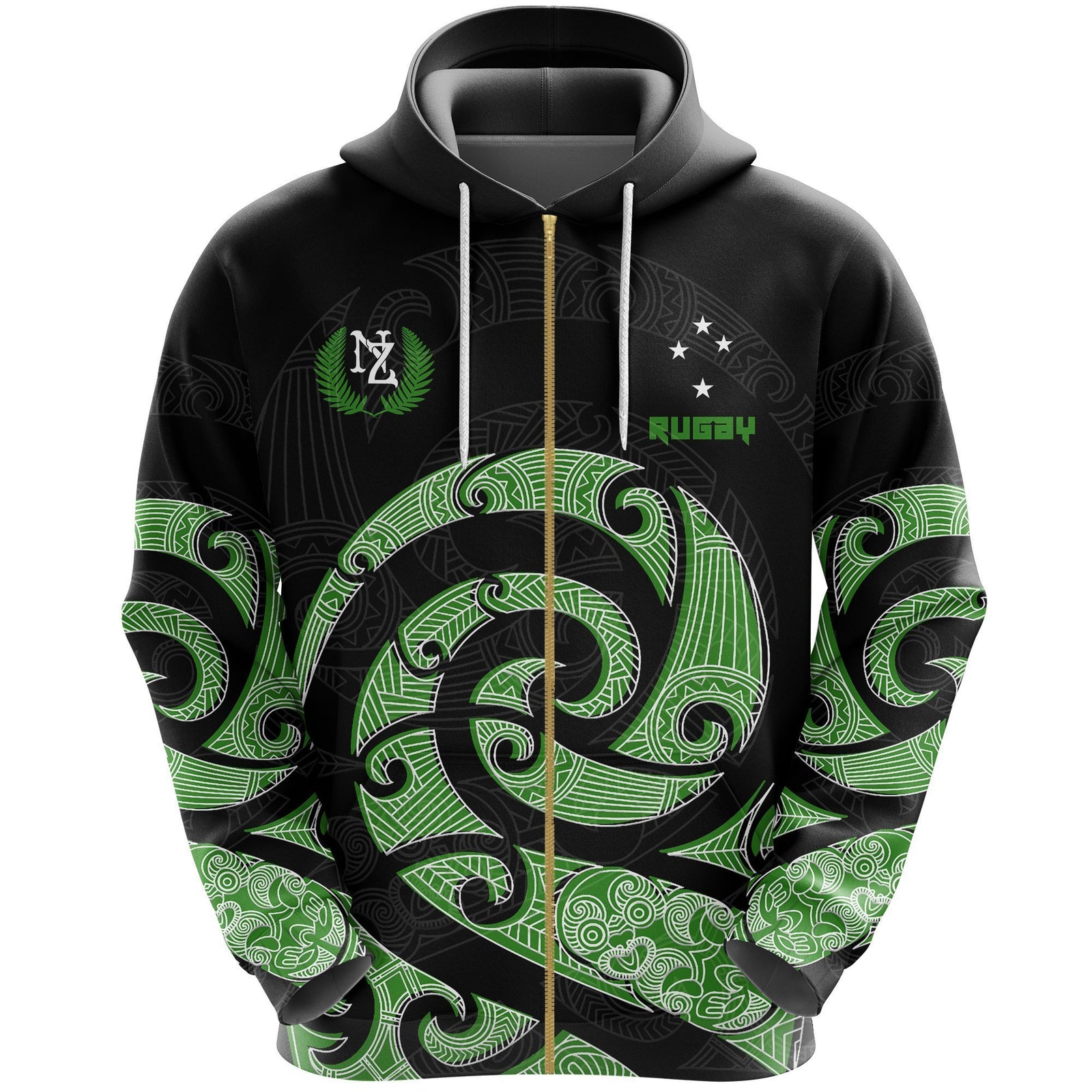 New Zealand Maori Rugby Kirituhi Tattoo Zip Hoodie Unisex Black - Polynesian Pride