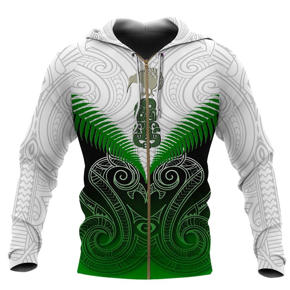 New Zealand Green Rugby Hoodie, Maori Manaia Zip up Hoodie Unisex Green - Polynesian Pride