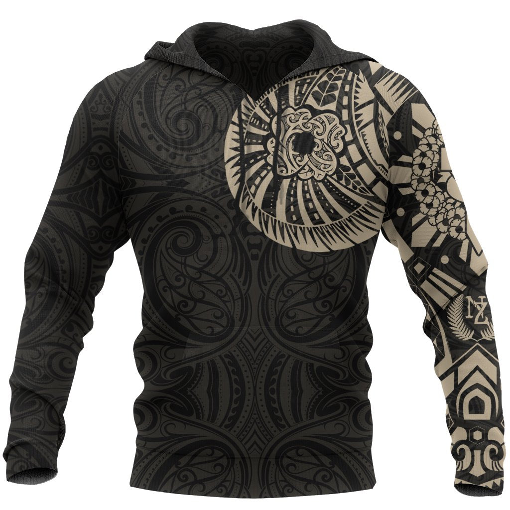 ANZAC New Zealand Hoodie, Maori Poppies Tattoo Pullover Hoodie Tan Unisex Black - Polynesian Pride