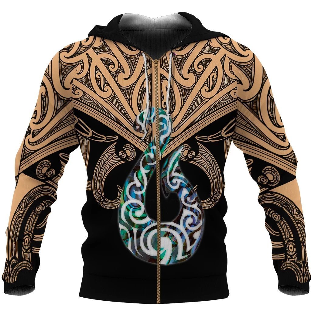 Maori Tattoo Zip Hoodie Hei Matau Abalone Gold Unisex Gold - Polynesian Pride