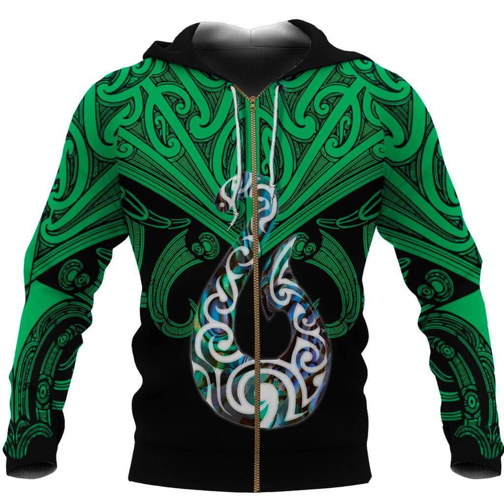 Maori Tattoo Zip Hoodie Hei Matau Abalone Green Unisex Green - Polynesian Pride