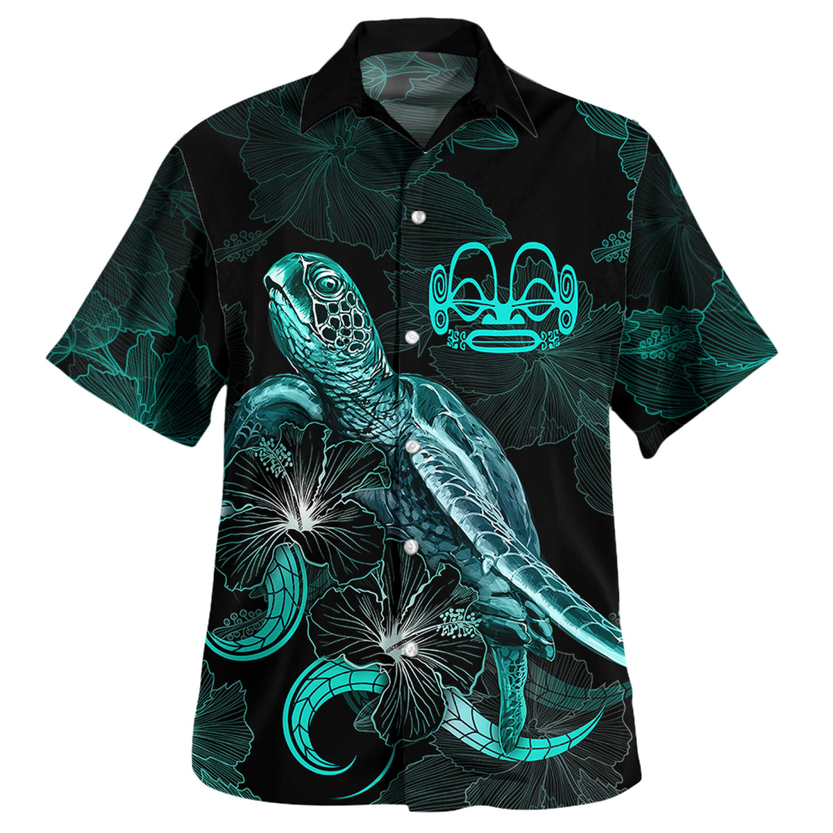 Marquesas Islands Matching Dress and Hawaiian Shirt with Turtle and Blooming Hibiscus Turquoise - Polynesian Pride