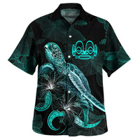 Marquesas Islands Matching Dress and Hawaiian Shirt with Turtle and Blooming Hibiscus Turquoise - Polynesian Pride