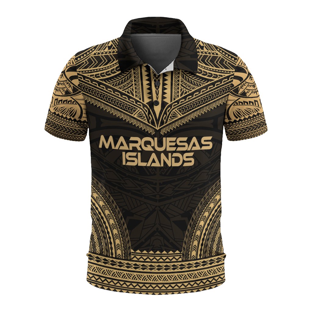 Marquesas Islands Polo Shirt Marquesas Islands Tiki Face Polynesian Chief Tattoo Gold Version Unisex Gold - Polynesian Pride